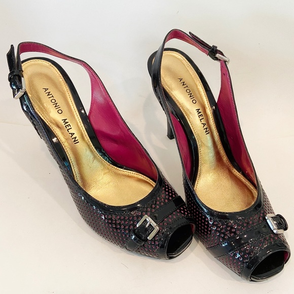 Antonio Melani Slingback Black/Pink Leather Heels - Picture 11 of 11